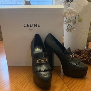 Celine Black Leather Platform Kiltie Loafers with Gold Hardware